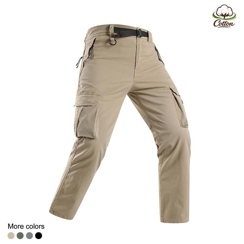 Zip Pocket Belted Elastic Waist Straight Leg Cargo Pants, Cotton Loose Fit Tactical Work Trousers, Lightweight Mens Hiking Street Travel Casual Everyday Pants